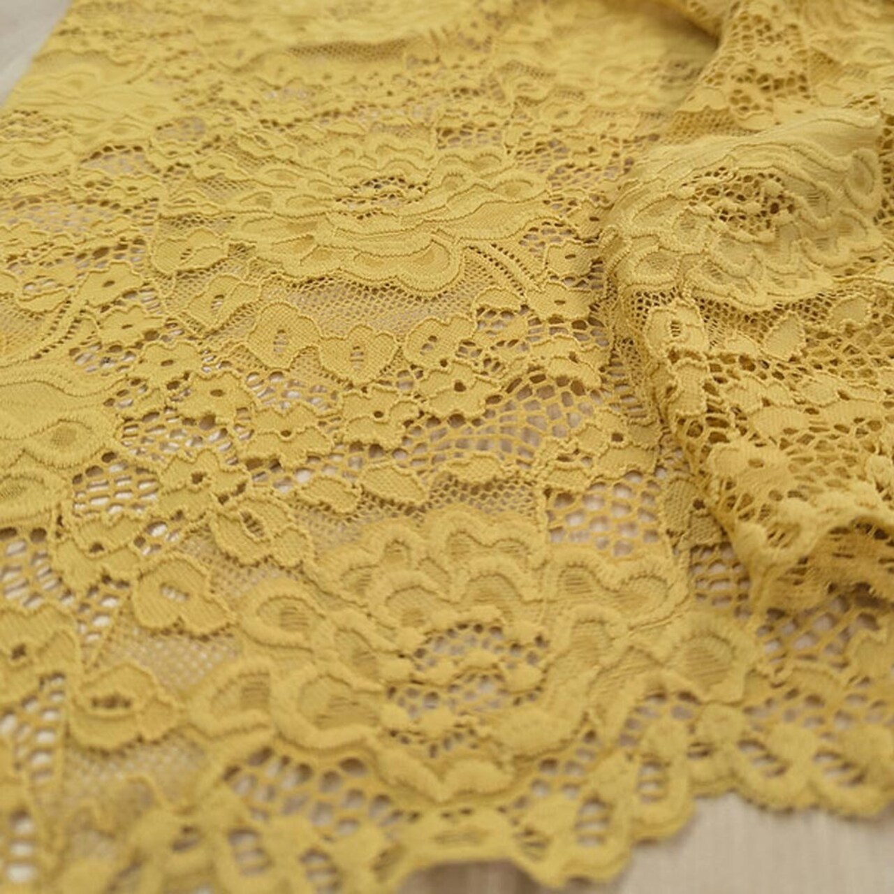 1 Yard Mustard Stretch Lace Polyester & Spandex Fabric for Apparel and Crafts 54/55 Inch Width